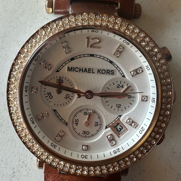 Michael Kors Parker Chronograph Tan Leather Watch - small womens (rose gold)